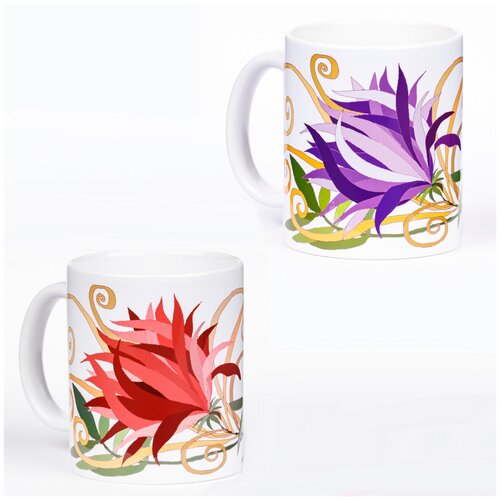 фото Набор из двух белых кружек darifly "роскошные цветы" для чаепития с рисунками фантазийных цветов в сиреневых и красных оттенках.