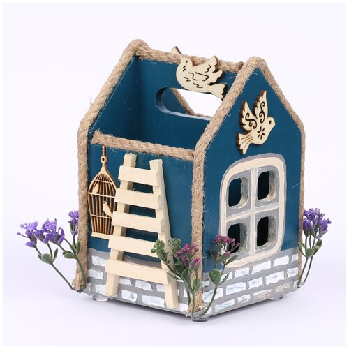 фото Органайзер/карандашница darifly деревянная "домик с птичками, окошками, цветами и лестницей" синий (ручная работа)