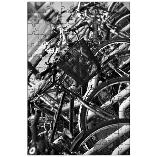 фото Магнитный пазл 27x18см."циклы, велосипедная корзина, центр города" на холодильник lotsprints