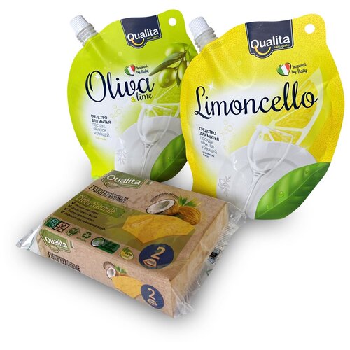 фото Набор qualita средство для мытья посуды limonchello и oliva & lime дой-пак 450млх2 + qualita губки fibra naturale eco life 2шт