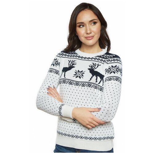 фото Шерстяной свитер, классический скандинавский орнамент с оленями и снежинками, натуральная шерсть, белый, синий цвет, размер s anymalls