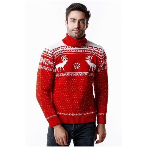 фото Шерстяной свитер с высоким горлом, скандинавский орнамент с оленями, натуральная шерсть, красный цвет, размер s anymalls