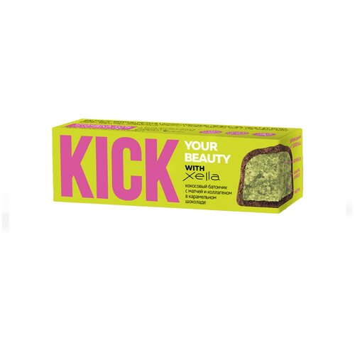 фото Батончик kick x xella кокосовый с матчей и коллагеном в карамельном шоколаде kick your energy