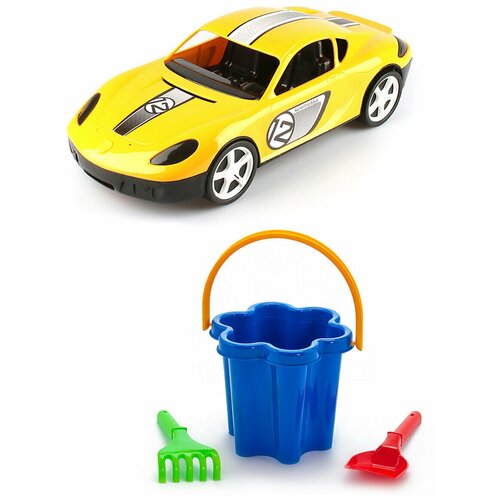 фото Игрушки для песочницы для снега детский автомобиль (молния) желтый + песочный набор цветок, каролина тойз karolina toys