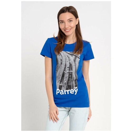 фото Синяя женская футболка parrey, белый принт interchange размер s