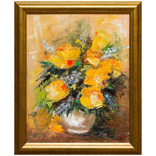 фото Картина маслом "жёлтые розы" черная русская живопись