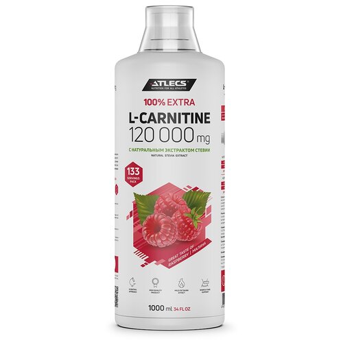 фото Atlecs l-carnitine 120000 мг л-карнитин для сушки, похудения, выносливости, снижения холестерина, без сахара, малина 1000 мл, 133 порций