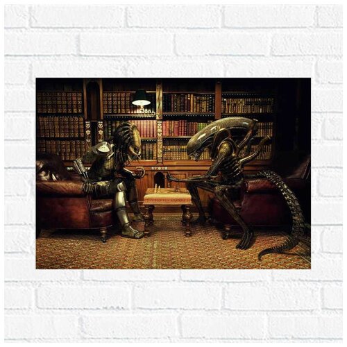 фото Постер "чужой и хищник играют в шахматы", 40x30 см, бумага вау холст