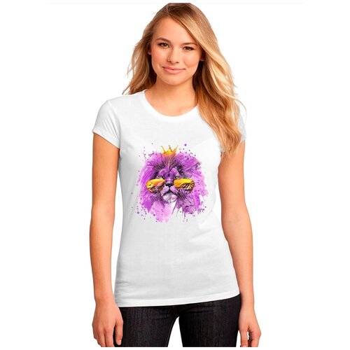 фото "женская белая футболка лев, фиолетовый цвет, очки". размер m drabs