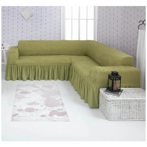 фото Чехол на угловой диван с оборкой venera цвет оливковый нет бренда
