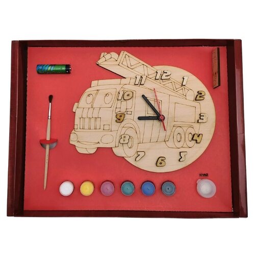 фото Часы с циферблатом под роспись "машина пожарная" с красками арт. дни130 нескучные игры