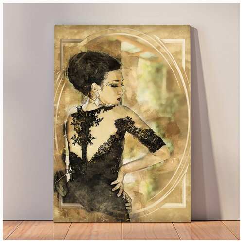 фото Картина модная девушка в чёрном платье, 50x67 см, картина на холсте на деревянном подрамнике с настенным креплением вау холст