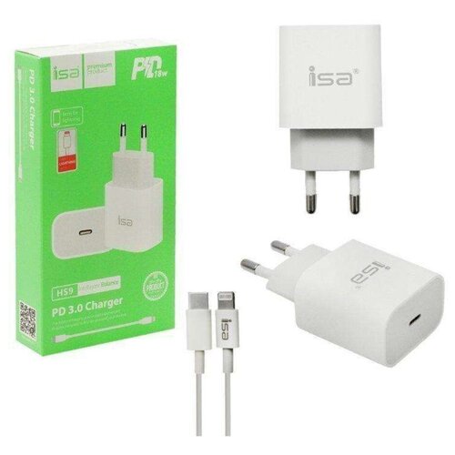фото Сетевое зарядное устройство usb-c power delivery 3.0 для iphone apple 18w 3.1a hs9 isa + кабель type-c - lightning