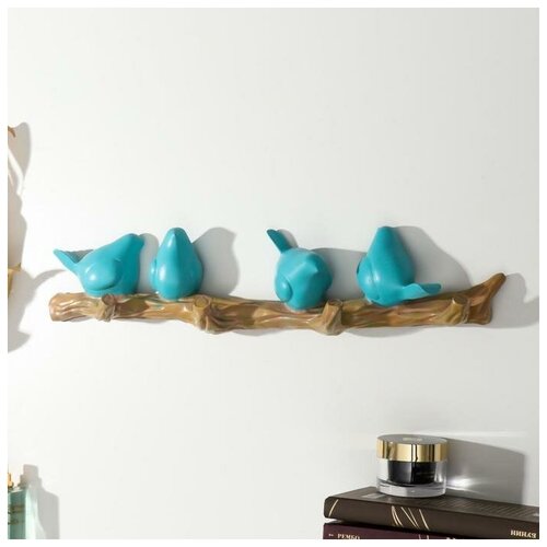 фото Крючки декоративные полистоун "четыре птички на ветке" голубые 10.5х6х45 см yandex market