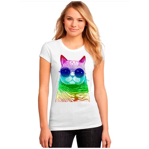 фото "женская белая футболка кот, очки, радуга". размер xs drabs