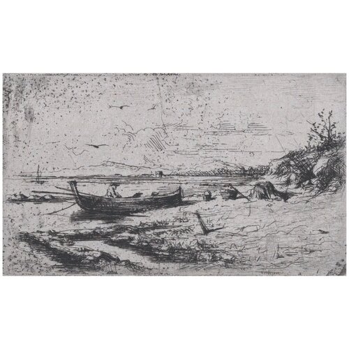 фото Репродукция на холсте лодка у береговой линии пляжа или реки фортуни мариано 102см. x 60см. твой постер