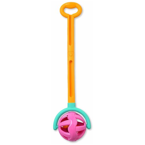 фото Каталка нордпласт шарик с ручкой, желто-фиолетовая