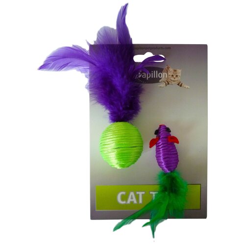 фото Papillon игрушка для кошек мышка и мячик с перьями 5+4см, нейлон (cat toy mouse 5 cm and ball 4 cm with feather on card) 240048, 0,016 кг noname