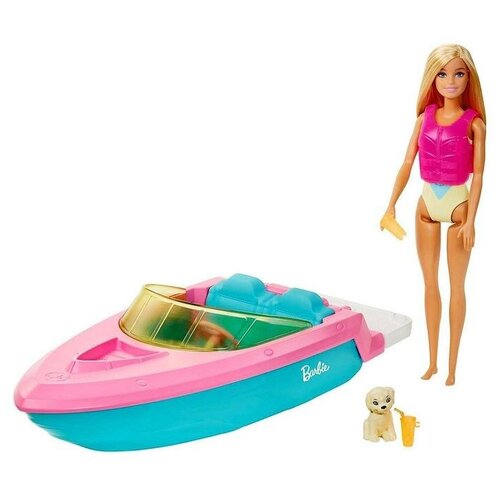 фото Кукла «барби», в купальнике, с лодкой, спасательным жилетом и щенком qwen