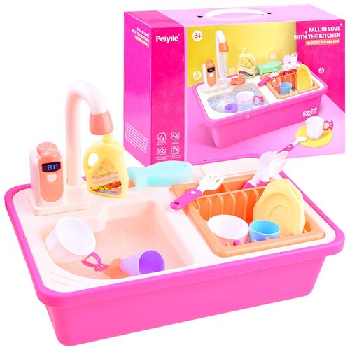 фото Кухня детская игровая , раковина с водой, на батарейках, игрушечная посуда, столовые приборы, моющее средство, для девочек, для игры в хозяйку, цвет розовый, в/к 42х12х27 см компания друзей