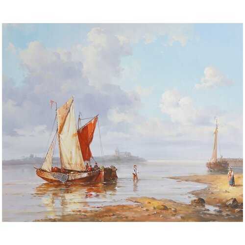 фото Картина маслом "рыбаки тянут лодки в спокойном устье реки" 50х60см арт спб