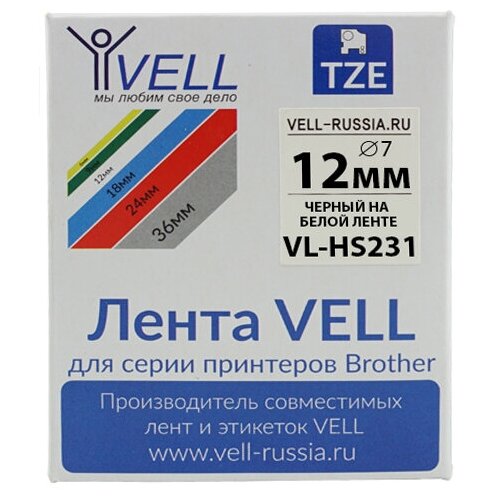 фото Термоусадочная трубка vell hse-231 (brother hse 231, 12 мм, черный на белом) для pt 1010/1280/d200/h105/e100/ d600/e300/...