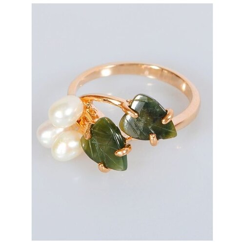 фото Кольцо lotus jewelry, бижутерный сплав, золочение, жемчуг культивированный, нефрит, размер 18, зеленый, белый