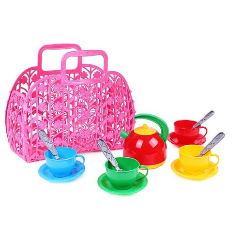 фото Чайный сервиз детский с ложками и чайником переносной в корзинке технок / посуда детская игрушечная / посуда детская набор / пластиковая посуда детская игрушечная набор