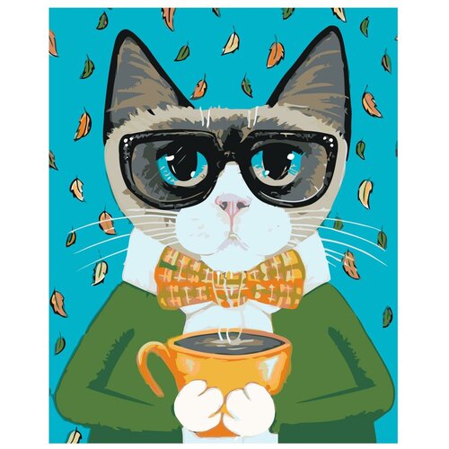 фото Картина по номерам, "живопись по номерам", 80 x 100, a446, кот, пиджак, чашка кофе, галстук- бабочка, очки, осень, горячий напиток, поп- арт