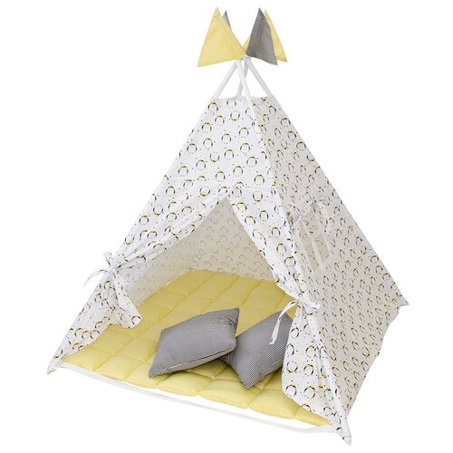фото Игровая палатка детская вигвам / шалаш пингвины (1250*1250*1450мм) цв. белый- желтый стандарт папаспорт