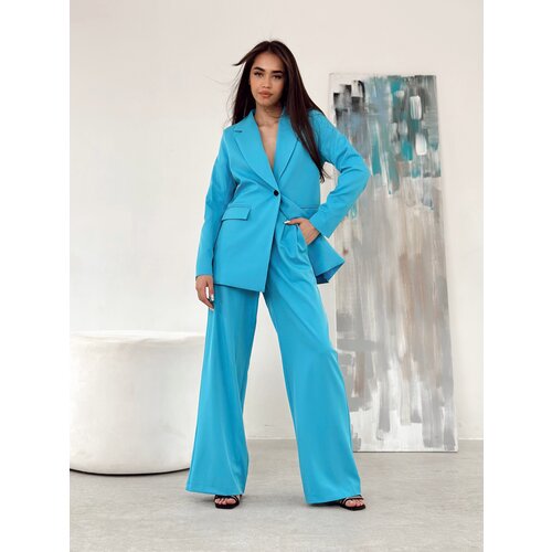 фото Костюм blazer, жакет и брюки, классический стиль, свободный силуэт, подкладка, размер 44, голубой