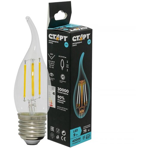 фото Светодиодная лампа старт led f- candle свеча e27, 9вт. (4000к)