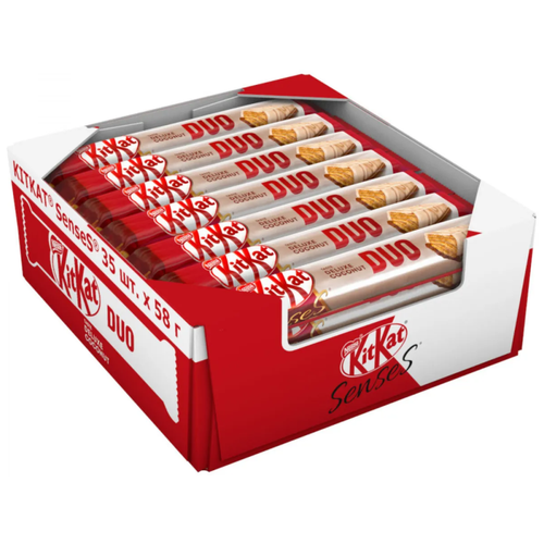 фото Шоколадный батончик kitkat senses taste deluxe coconut, белый шоколад со вкусом кокоса и молочный шоколад со вкусом миндаля с хрустящей вафлей, 35 шт. по 58 г.