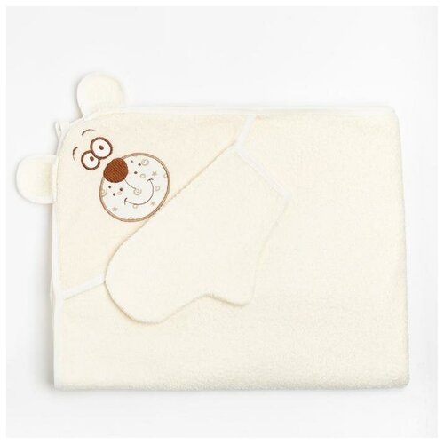 фото Набор для купания (полотенце-уголок, рукавица) с вышивкой "мишка", размер 100х110 см, цвет бежевый (арт. к24/1) осьминожка
