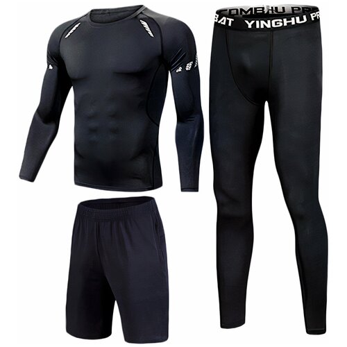 фото Рашгард, мужская спортивная одежда, футболка, шорты, штаны, черный, 3 в 1 evo action