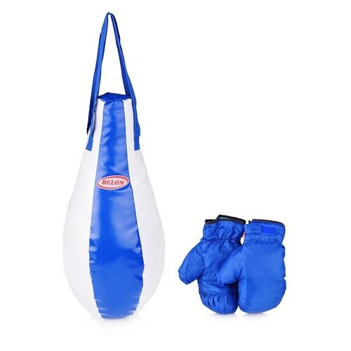 фото Набор для бокса belon груша каплевидная 55 см х 28 см + перчатки, перчатки, синий белый (нб-004-т/сб)
