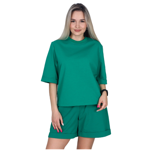 фото Костюм elena tex, футболка и шорты, повседневный стиль, оверсайз, карманы, трикотажный, пояс на резинке, размер 44, зеленый