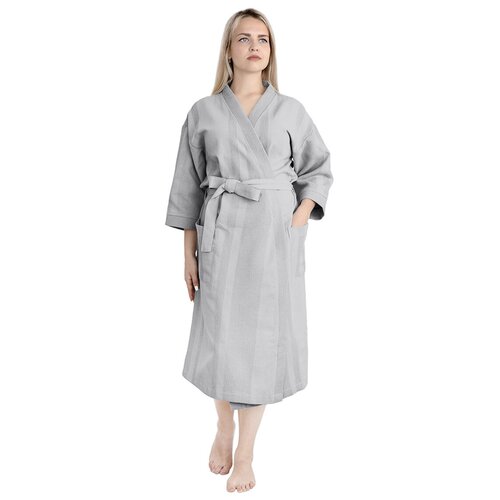 фото Вафельный халат loveme женский домашний и банный, размер m, длина миди, цвет холодный серый