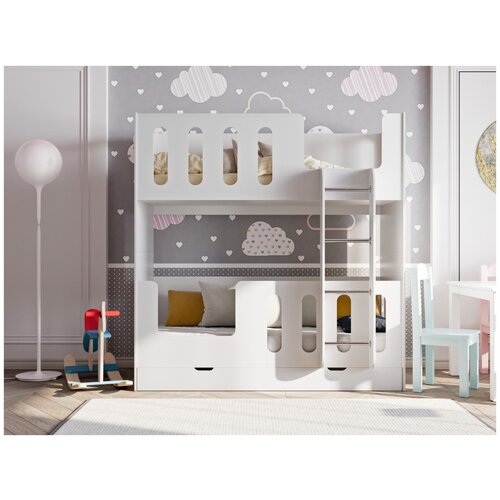 фото Кроватка детская двухъярусная с бортиками с ящиком. модель бамбини цвет: белый а-мебель