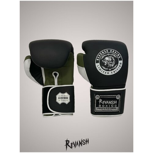 фото Боксерские перчатки из натуральной кожи revansh pro black white khaki 16 унций