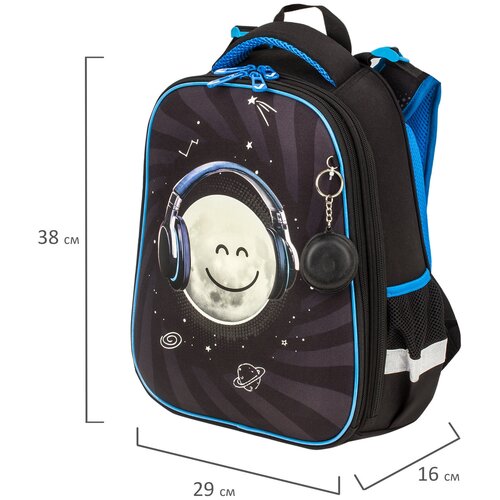фото Ранец (рюкзак) школьный для мальчика первоклассника brauberg premium, 2 отделения, с брелком, moon, светящийся, 38х29х16 см
