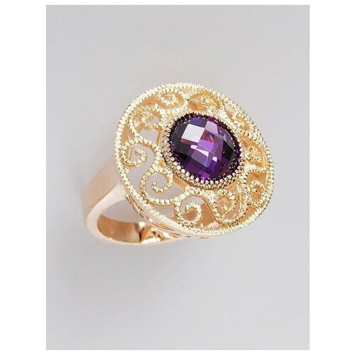 фото Кольцо lotus jewelry, бижутерный сплав, золочение, аметист, размер 16, фиолетовый