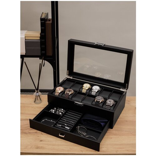 фото Двухуровневая шкатулка для часов и хранения ювелирных изделий cloxbox w60b черная экокожа