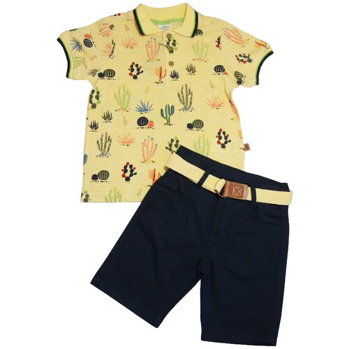 фото Поло и шорты комплект кактусы для мальчика, mdm midimod gold, размер 128-134, цвет желтый/синий