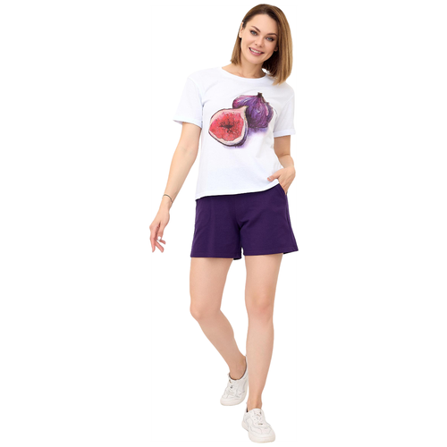 фото Женский домашний костюм фрути фиолетовый размер 52 кулирка лика дресс с футболкой с шортами свободного силуэта
