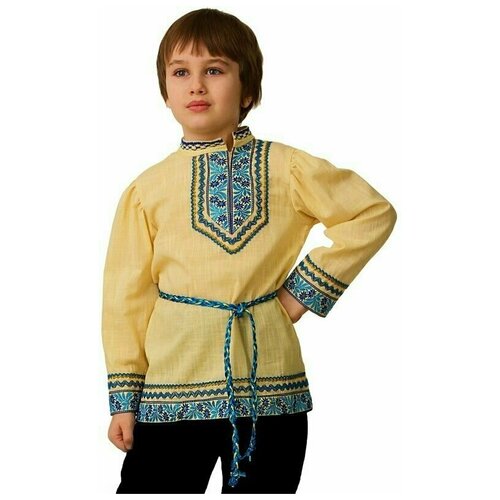 фото Батик национальная рубашка вышиванка с голубым узором, рост 140 см 5605-1-140-68