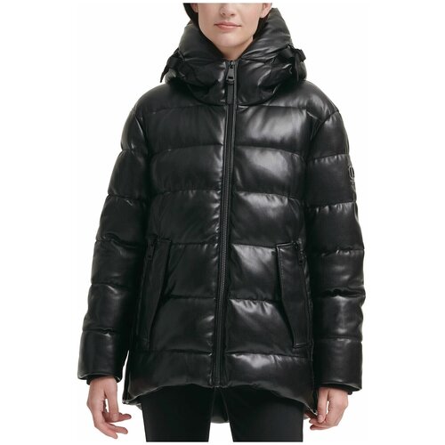 фото Куртка dkny m черная под кожу с капюшоном, сзади удлинена women's faux-leather hooded puffer coat