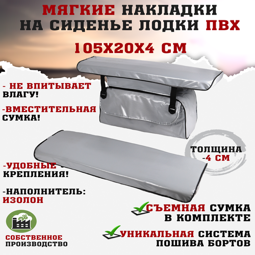 фото Мягкие накладки на сиденья (банки) лодки пвх (2шт.) gaoksa 105х20х4 см, серый комплект с сумкой пвх