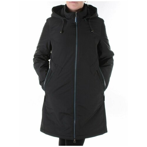 фото Куртка демисезонная, средней длины, силуэт прямой, влагоотводящая, карманы, ветрозащитная, капюшон, размер 48, черный не определен