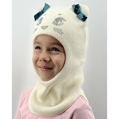фото Балаклава шлем бушон для девочек зимняя, шерсть, размер 46-48, белый